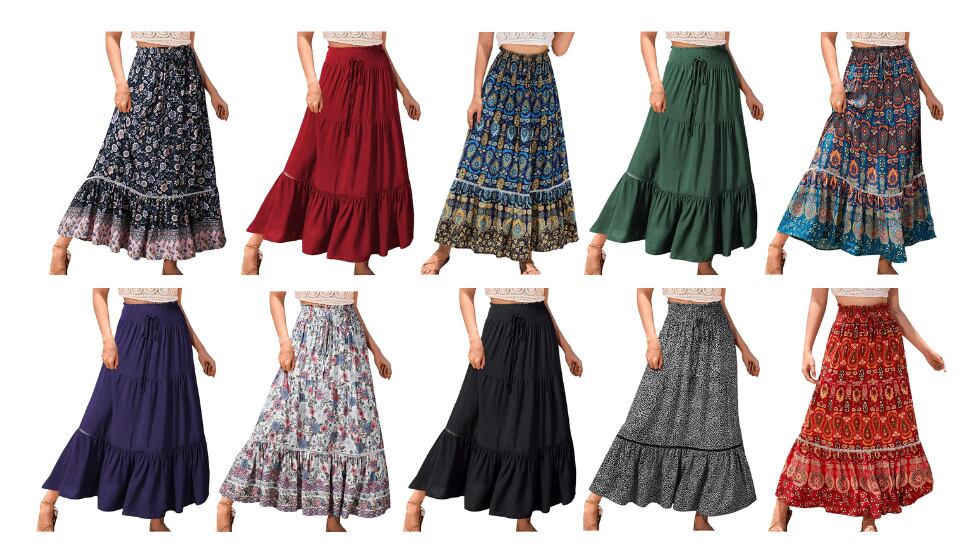 La falda larga en 11 colores distintos.