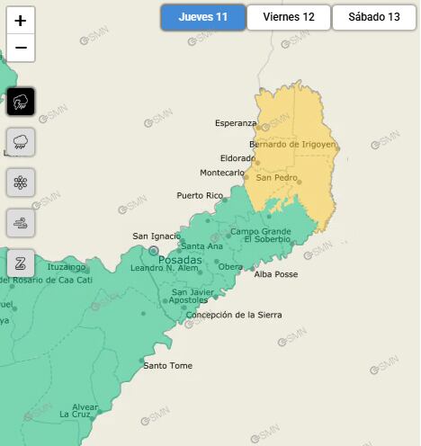 Las zonas afectadas por tormentas para hoy. (Captura: smn.gob.ar)