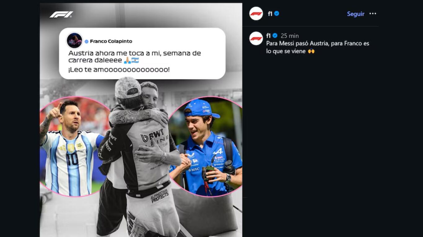 El mensaje de Franco Colapinto a Lionel Messi tras su doblete en el triunfo de la Selección argentina ante Austria. (Captura: @f1 en Instagram)