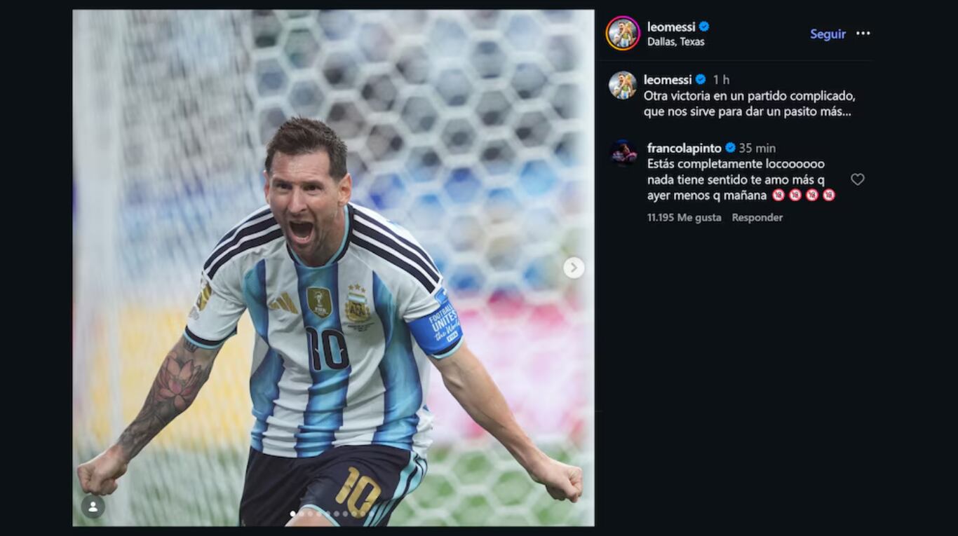 Lionel Messi celebró su doblete a Austria con la Selección argentina, y Franco Colapinto dejó su comentario. (Captura: @leomessi en Instagram)