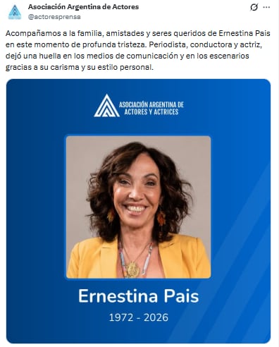 La Asociación Argentina de Actores realizó una publicación hacer llegar su pésame a familia y amigos de la conductora