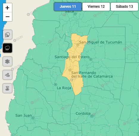 Las zonas afectadas por lluvias para hoy. (Captura: smn.gob.ar)