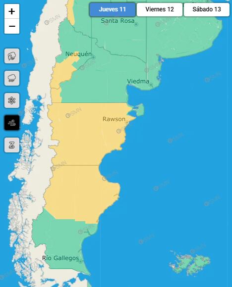 Las zonas afectadas por vientos fuertes de hasta 100 km/h. (Captura: smn.gob.ar)