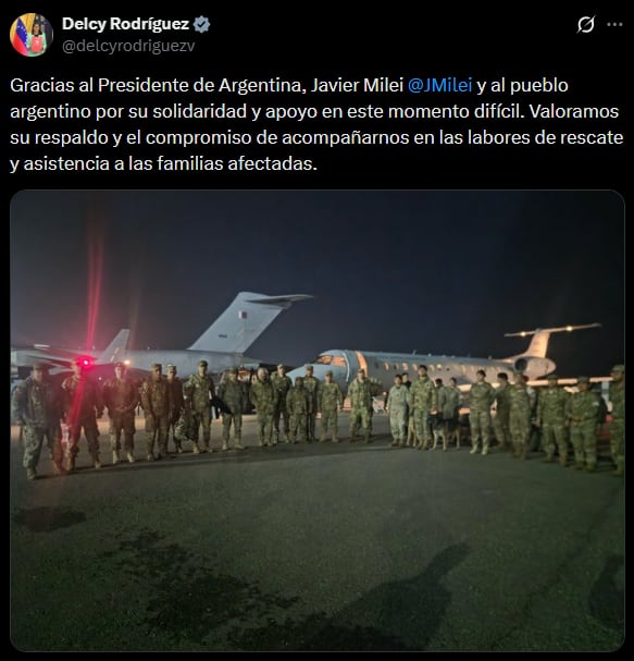 El posteo de Delcy Rodríguez en agradecimiento a Javier Milei