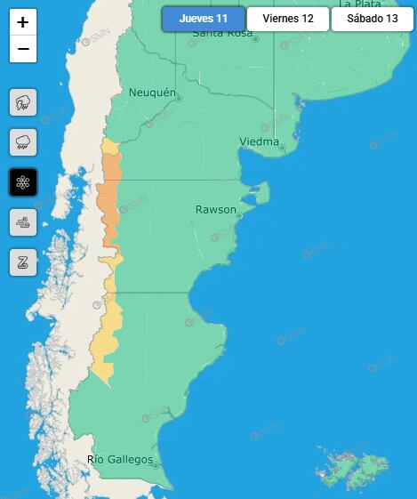 Las zonas afectadas por nevadas para hoy. (Captura: smn.gob.ar)