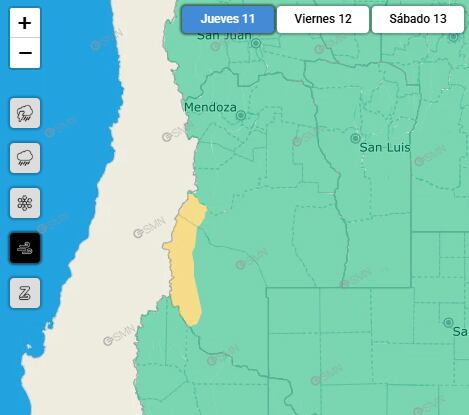 El suroeste de Mendoza se verá afectado por fuertes vientos. (Captura: smn.gob.ar)