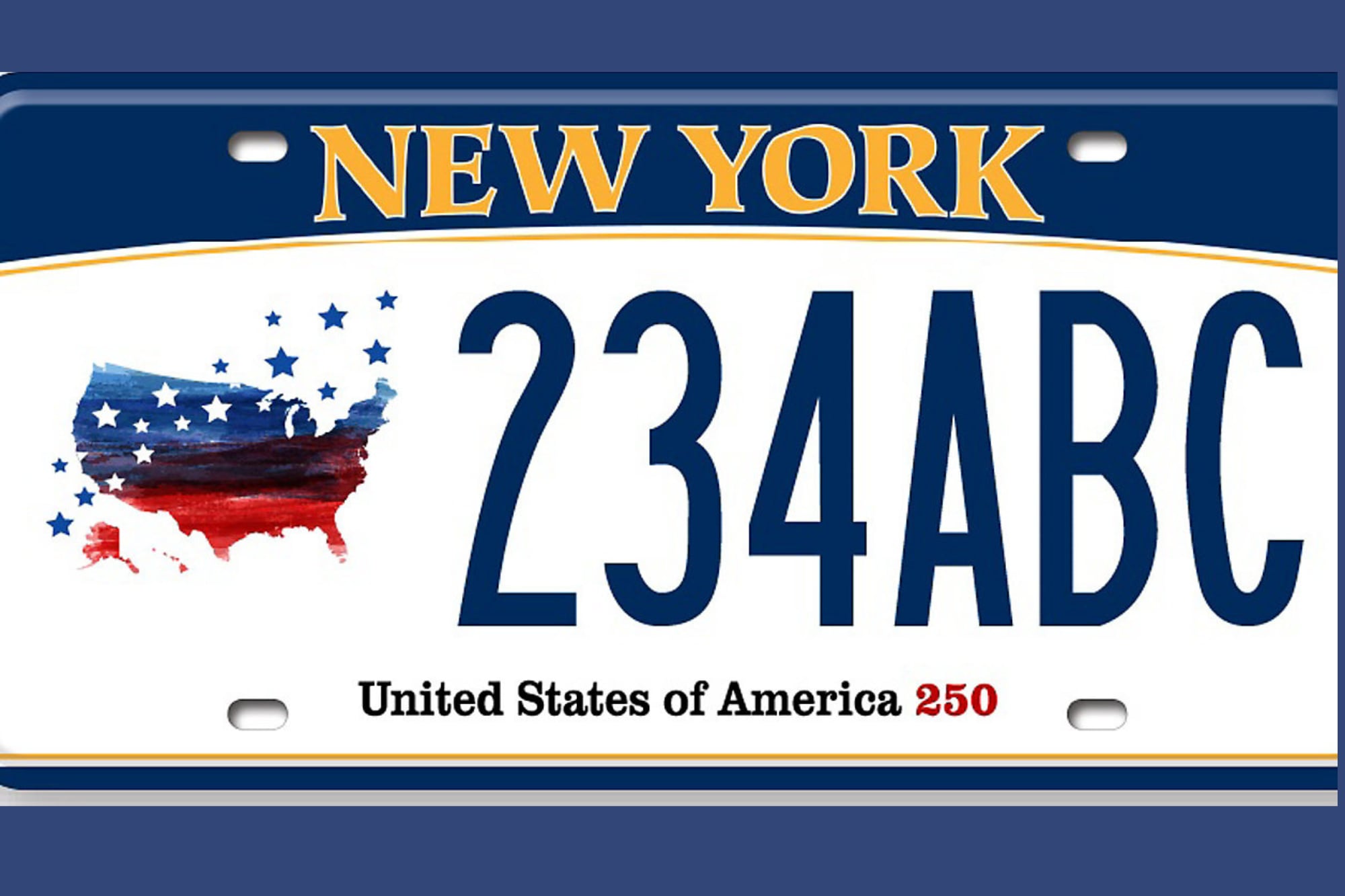 El diseño incluye una imagen del mapa de Estados Unidos y la leyenda “United States of America 250” en la parte inferior