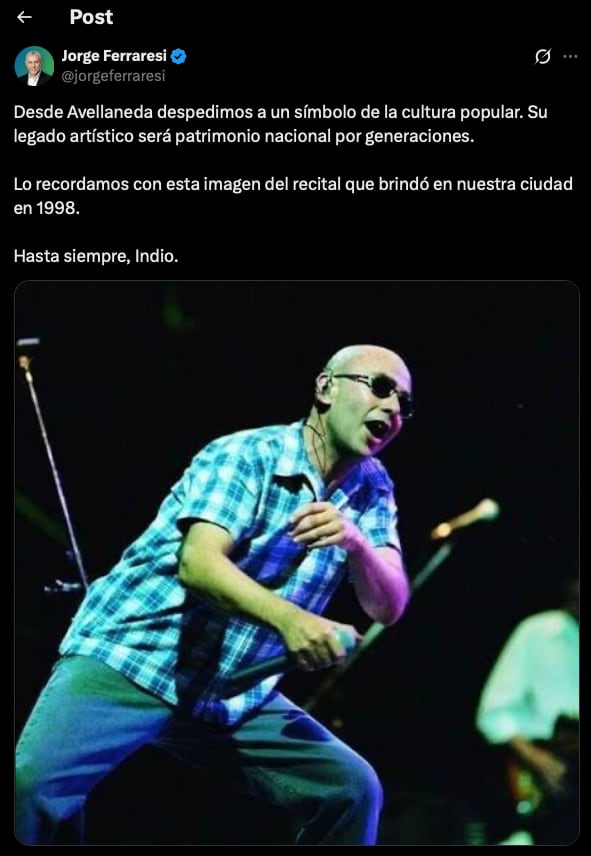 El posteo de Jorge Ferraresi sobre el fallecimiento del Indio Solari