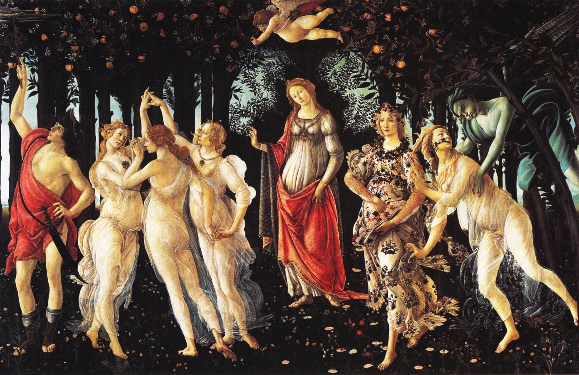 La Primavera, c. 1482: pintura del pintor renacentista italiano Sandro Botticelli c. 1445 - 1510. Venus está de pie en el centro del cuadro. Sobre ella, Cupido apunta una de sus flechas de amor a las Cárites (Las Tres Gracias). La Gracia en el aparejo (Foto de Universal History Archive/Getty Images)