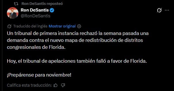 El mensaje de Ron DeSantis en sus redes sociales