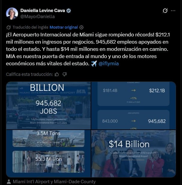 El anuncio de Daniella Levine Cava sobre el aeropuerto de Miami en la red social X