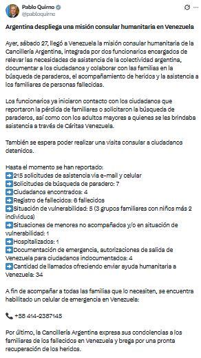 El posteo de Pablo Quirno sobre la situación de los argentinos en Venezuela. (Foto: X / @pabloquirno).