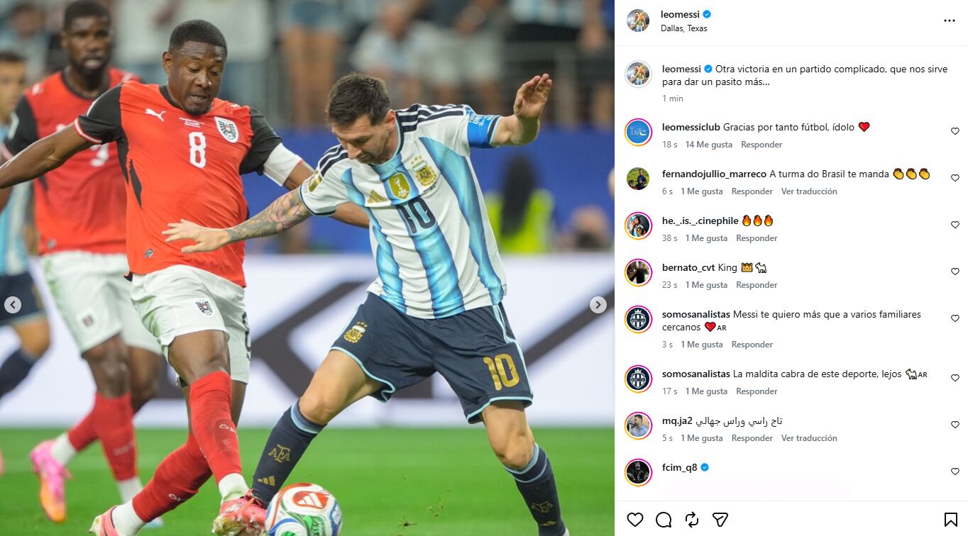 El posteo de Lionel Messi en Instagram tras el partido con Austria. (Captura: Instagram)