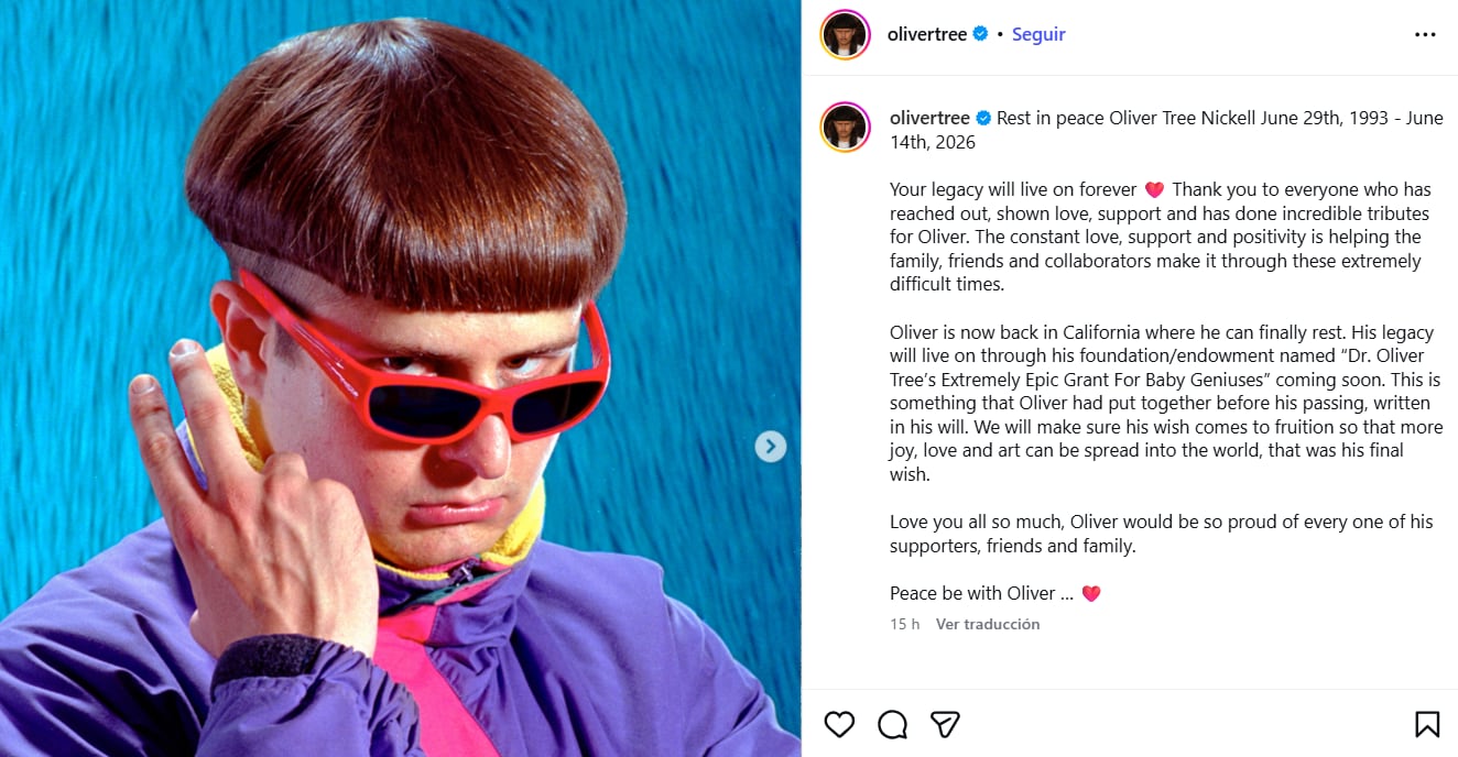 Una de las fotos que compartió la familia de Oliver Tree en el posteo que hicieron este domingo sobre la repatración del cuerpo del cantante. (Foto: Instagram/olivertree)