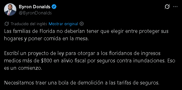 El mensaje de Byron Donalds en redes sociales sobre su nuevo proyecto de ley