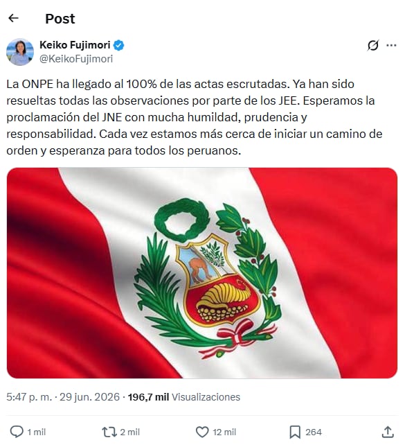 El posteo de Fujimori tras el escrutinio completo