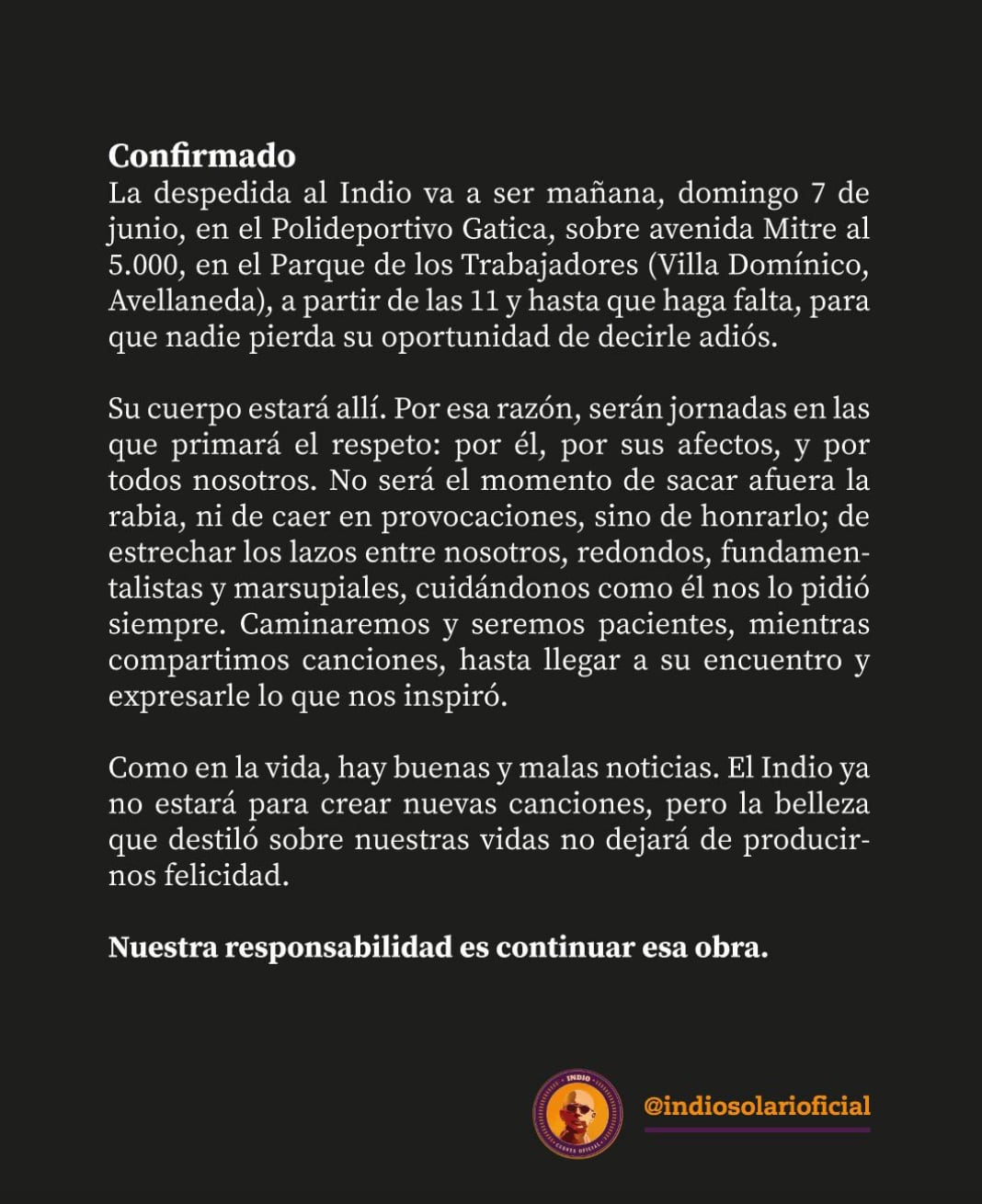 El comunicado de la familia del Indio Solari sobre el velatorio. (Foto: X/Indio_Solari_ok)