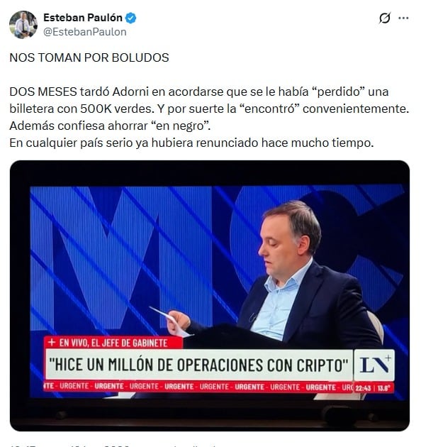 El mensaje de Esteban Paulón sobre Adorni