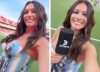 El impactante look de Pampita para el debut de la Argentina en el Mundial: corset celeste y blanco y short de jean