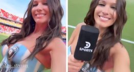El impactante look de Pampita para el debut de la Argentina en el Mundial: corset celeste y blanco y short de jean