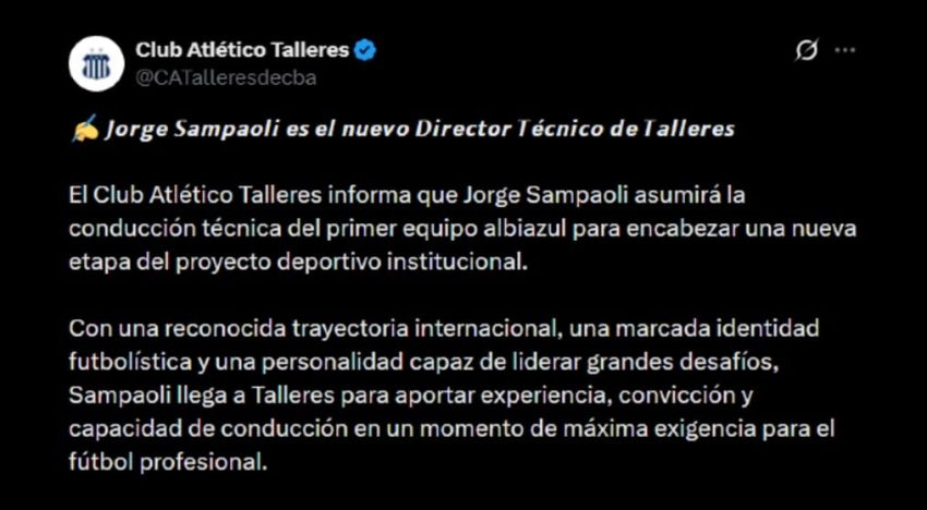 Jorge Sampaoli fue anunciado como nuevo DT de Talleres de Córdoba