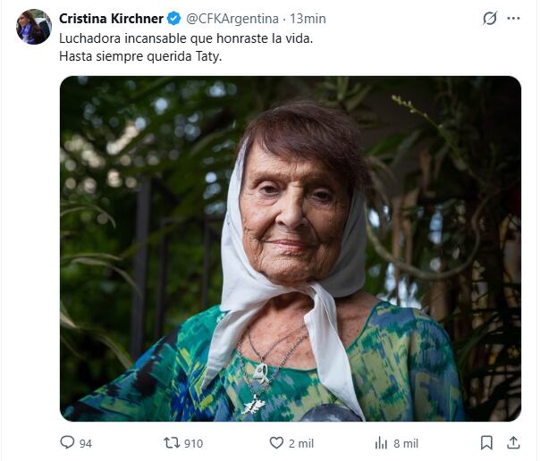 El posteo que publicó Cristina Fernández de Kirchner en homenaje a Taty Almeida. (Foto: X / @CFKArgentina).