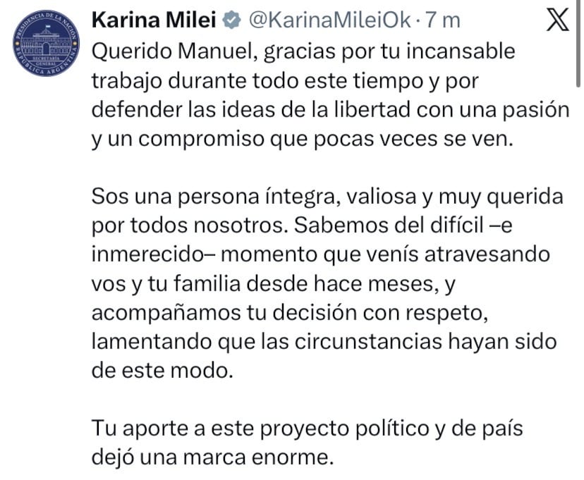El posteo de Karina Milei
