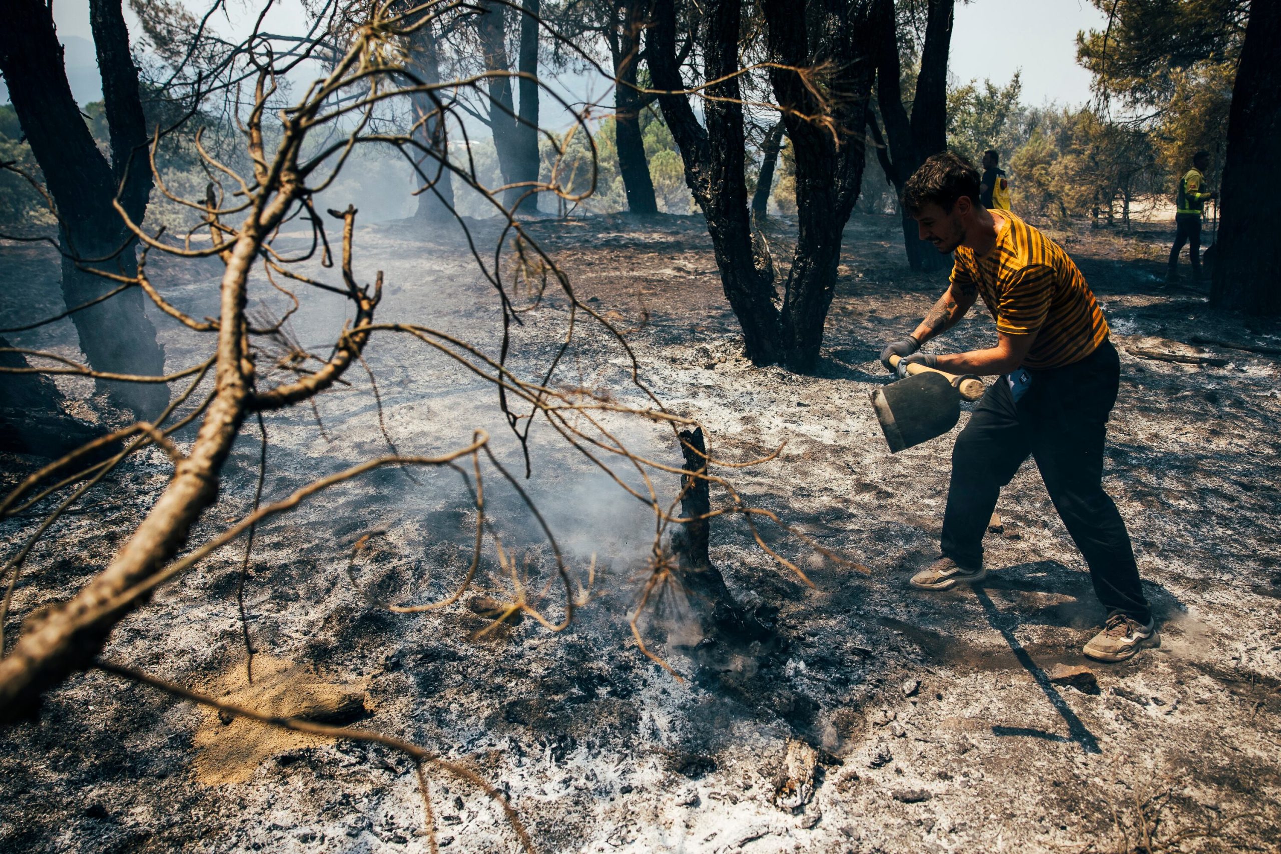 Vecinos de Valdeiglesias (Madrid) abren cortafuegos y retiran maleza próxima al incendio, el lunes. 
