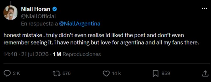 Niall Horan pidió perdón por darle “me gusta” a una publicación contra la Argentina