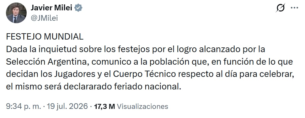 El mensaje de Milei sobre la posibilidad de un feriado tras la final del Mundial