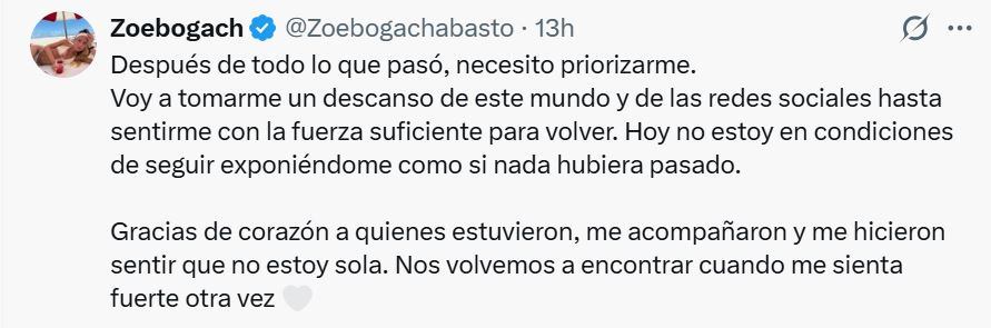 Zoe Bogach se retira de los medios. (Foto: X/@Zoebogachabasto)