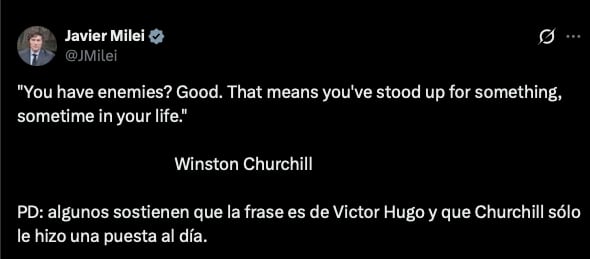 El posteo de Javier Milei, donde citó a Winston Churchill