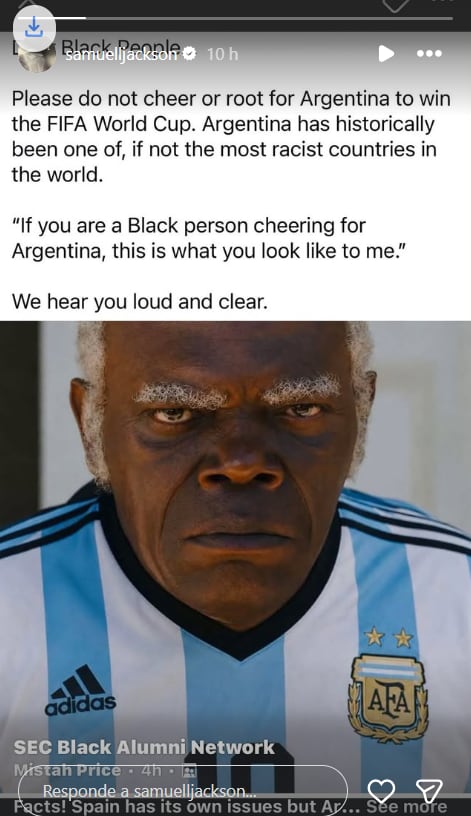 La foto que compartió Samuel L. Jackson con un polémico mensaje contra la Argentina. (Foto: Instagram/samuelljackson)