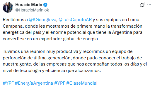 La publicación realizada por Horacio Marín tras la visita de Georgieva a Loma Campana