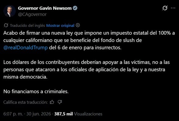 Newsom impone un impuesto del 100% a los beneficiarios del fondo de Trump