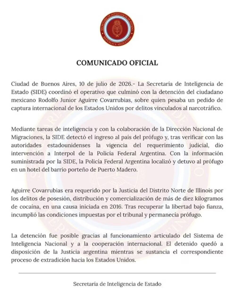 El comunicado de la SIDE que confirmó la captura del prófugo de la justicia estadounidense. (Foto: x/SIDE).