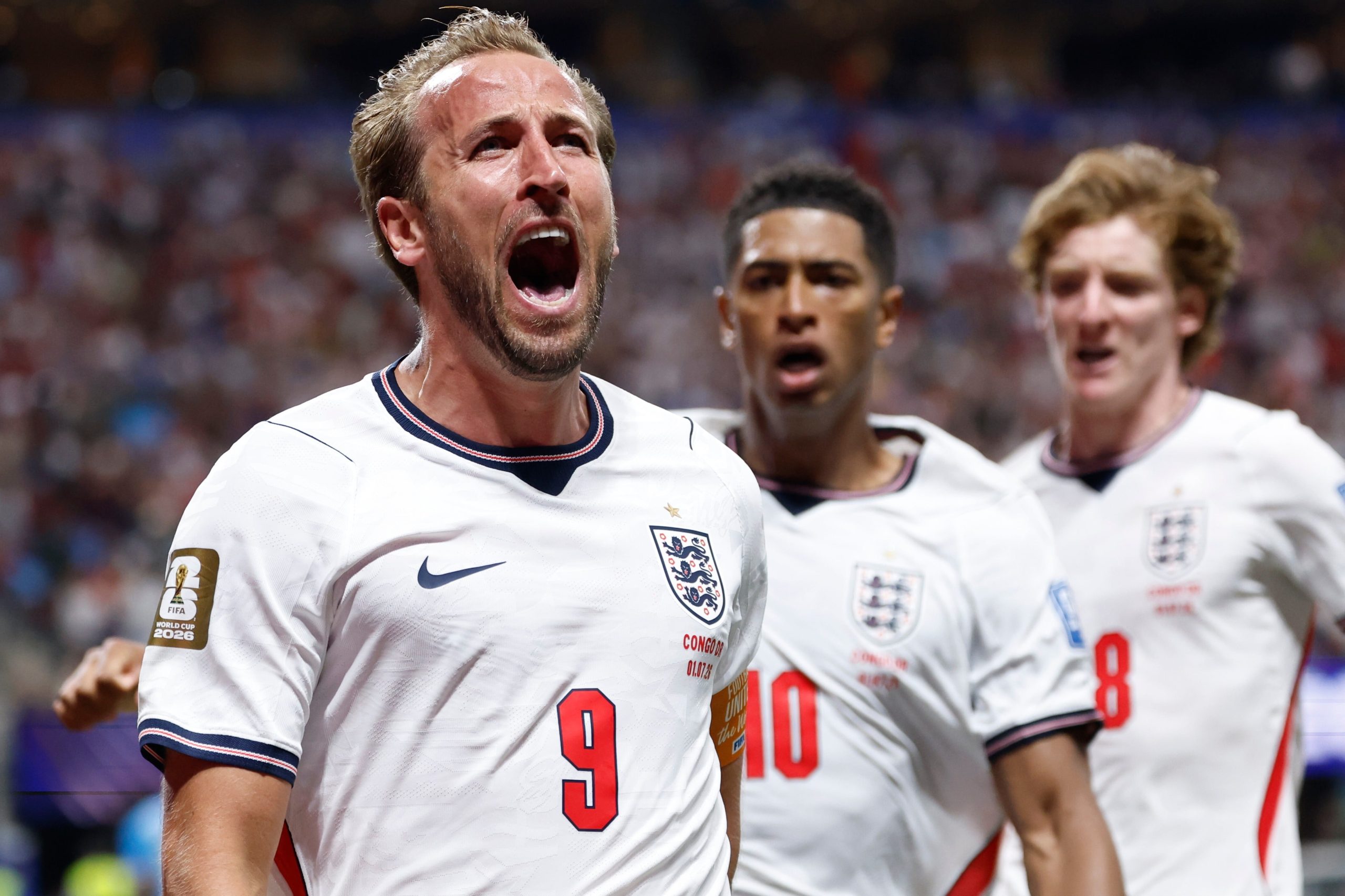 Harry Kane (9) celebra tras anotar el primer gol de Inglaterra en el partido contra Congo en los 16vos de final del Mundial, el miércoles 1 de julio de 2026, en Atlanta. (AP Foto/Butch Dill)