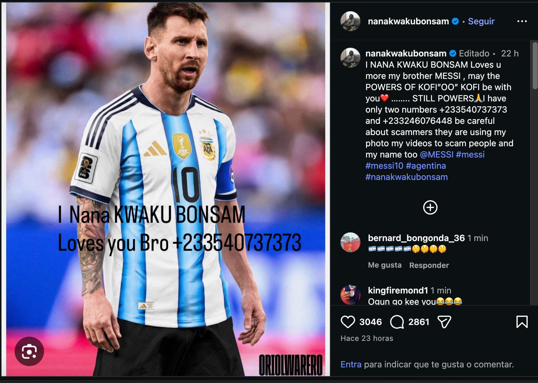 El inesperado mensaje del brujo ghanés a Messi. (Foto: Instagram/nanakwakubonsam)
