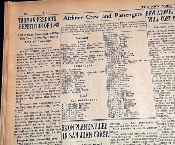 Lista de sobrevivientes y muertos tras la tragedia del vuelo 526A de Pan Am según The New York Times
