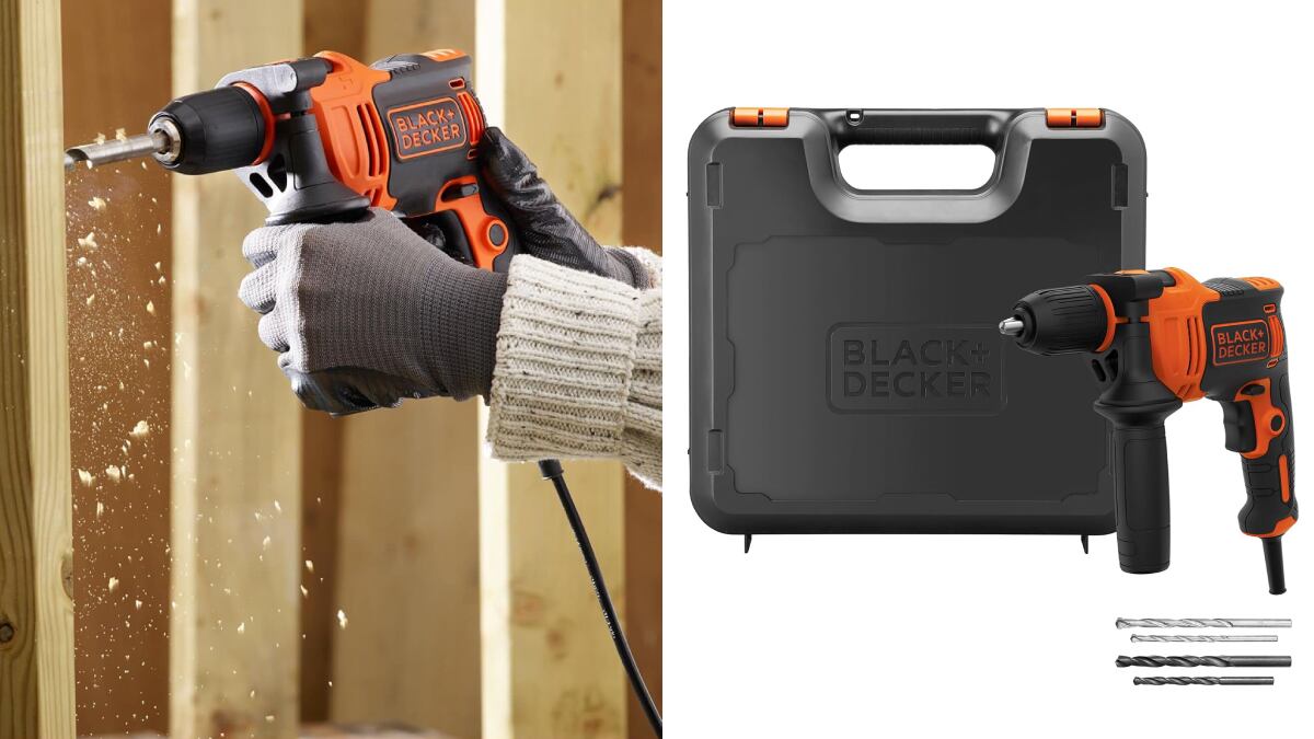Taladro percutor con brocas y caja de kits, de Black & Decker.