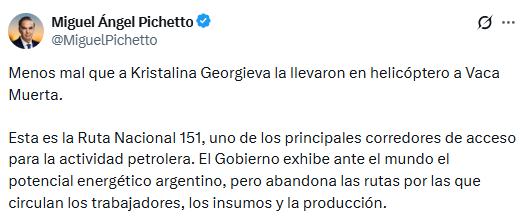 Miguel Ángel Pichetto señaló el mal estado de la ruta nacional 151, una de las principales vías de acceso a Vaca Muerta
