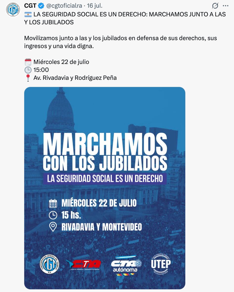 El posteo de la CGT sobre la movilización de este miércoles al Congreso.