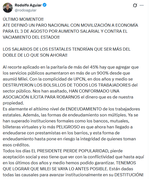 El tuit de Rodolfo Aguiar, Secretario General de ATE Nacional