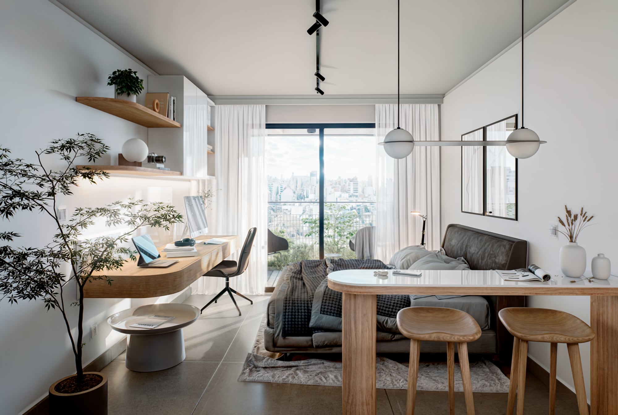 Un render de un monoambiente de 28 metros cuadrados