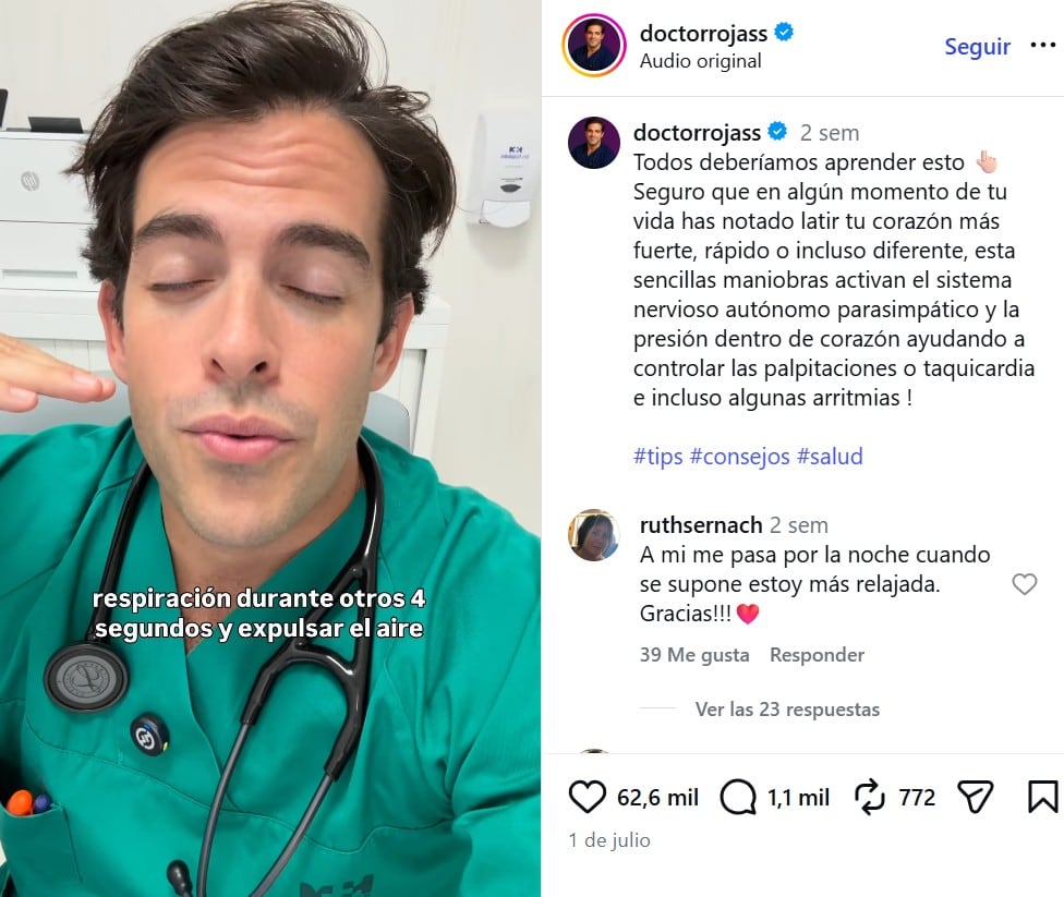 El especialista explicó cuatro maniobras que pueden ayudar a controlar las palpitaciones (Captura: Instagram @doctorrojass)
