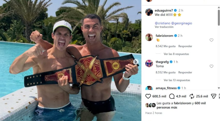 Edu Aguirre cruzó a Edul con fotos de Cristiano Ronaldo y Georgina Rodríguez con el cinturón: “La única argentina feliz”