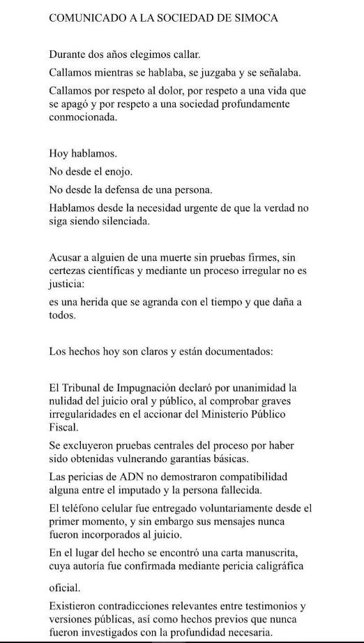 El comunicado difundido por la familia de la víctima. (Foto: Facebook/VOZ ALTA).