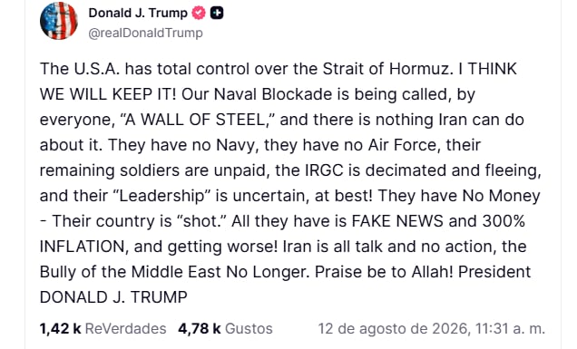 Trump desafía a Irán y asegura que mantendrá el control de Ormuz mientras se aleja la posibilidad de un acuerdo