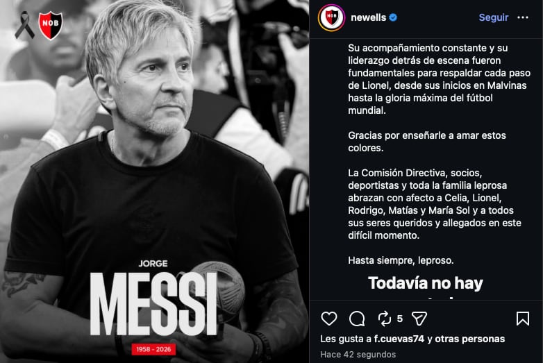 El comunicado de Newell's por la muerte de Jorge Messi