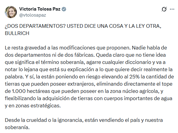 El posteo de Tolosa Paz al que aludió Bullrich